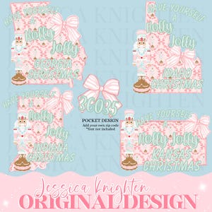 May include: A digital design featuring four state outlines with Christmas themes. Each state has a pink damask pattern, a bow, and the words "Have Yourself a Holly Jolly Christmas." A nutcracker and a gingerbread house are also included. The design also includes the text "36035" and "Pocket Design".