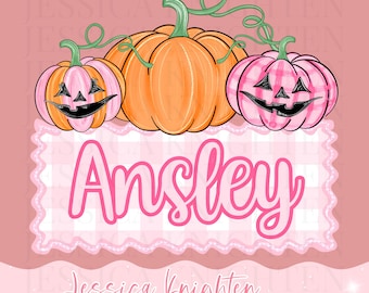 Name Block Preppy Pink PNG Digital Design Trendy File Kid Design Children Prep Plate Gingham Stripe Jack-O-Lantern Pumpkin Halloween Custom