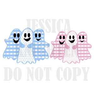 May include: Three blue and white gingham ghosts and three pink and white gingham ghosts with smiling faces.