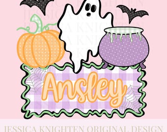Name Block Halloween PNG Digital Design Trendy File Kid Design Children Prep Girly Plate Front Ghost Gingham Preppy Pink Candy Pumpkin Boy