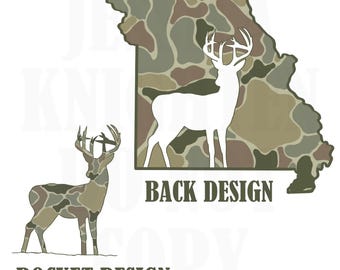 May include: A white deer silhouette on a camouflage background in the shape of the state of Missouri. The text "BACK DESIGN" is below the image. A camouflage deer silhouette is below the text "POCKET DESIGN".