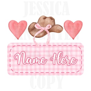 Cowgirl Valentines Digital Design Herz Gingham Namensschild Liebe Vday Kinder Kinderhemd PNG Personalisierte Sub Trendy XoXo Hut Schleife