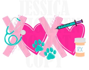 May include: A graphic design with pink "XOX" letters, two pink hearts, and teal paw prints. A teal stethoscope, a syringe, and a prescription bottle are also included. The design is on a white background.