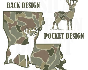 May include: A camouflage pattern design featuring the outline of the state of Louisiana with a white deer silhouette inside. The text "BACK DESIGN" is at the top of the image. A smaller camouflage deer silhouette is on the right side of the image with the text "POCKET DESIGN" below it.