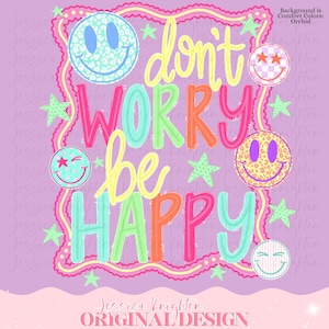 心配しないで、幸せになろう インスピレーションを与える透明PNG ピンク プレッピー スター フロント トレンディ トレンドプリント 夏 春 スマイリーフェイス スカラップ ネオン 画像 1
