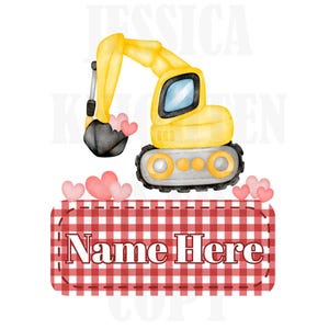 Escavatore San Valentino Design digitale Cuore Gingham Nome Targhetta Amore Vday Bambini Bambini Maglietta PNG Personalizzato Sub Trendy XoXo Costruzione