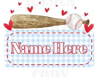 Baseball Valentines Digital Design Heart Gingham Name Plate Love Vday Kids Children Shirt PNG Personalized Ball Boy Sub Trendy XoXo Cute