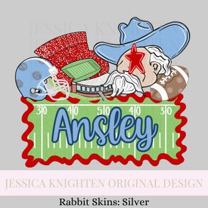 May include: A digital illustration featuring football-themed elements. It includes a football helmet, cowboy hat, and a football, all arranged above a green football field with the name "Ansley" in blue. The design is framed with a red border.