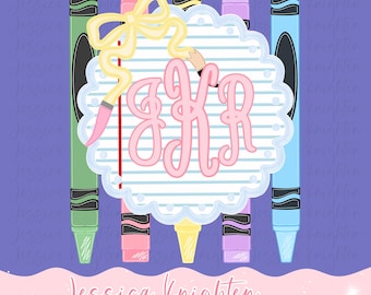 Back to School Monogram Name Frame PNG Digital Design Trendy File Design Pink Preppy Prep School Beginning Pencil Teacher Crayon Scallop