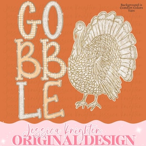 May include: A digital graphic design featuring the word GOBBLE in large, light-colored letters with a checkered pattern. Next to the text is a detailed illustration of a turkey in a light beige outline. The background is a solid orange color.