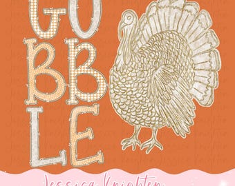 Gobble Thankful Fall Thanksgiving PNG Digital Design Trendy File Kid Adult Design Prep Girly Gingham Preppy Checker Watercolor Pumpkin