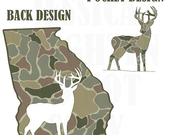 May include: A white silhouette of a deer with antlers is standing inside the outline of the state of Georgia. The outline is filled with a camouflage pattern in shades of brown, green, and tan. The text "BACK DESIGN" is at the top of the image. A smaller image of a deer with antlers in a camouflage pattern is in the upper right corner of the image. The text "POCKET DESIGN" is above the smaller deer image.