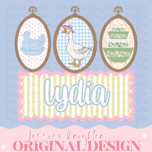May include: A digital design featuring three framed illustrations: a hen, a goose wearing a hat, and floral bowls. Below, the name "Lydia" is displayed, with the text "Jessica Knighten ORIGINAL DESIGN" at the bottom. The design has a pastel color scheme.