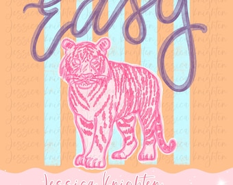 Diseño digital PNG de tigre fácil para el día a día, diseño infantil moderno y femenino, estampado rosa preppy preppy, verano, bahía, costa, acuarela, rayas de tendencia