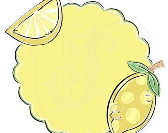 Watercolor Lemon Frame - Preppy - Grandmillenial - Lemonade - Blue - Scallop - Hand Drawn - Summer - Monogram Frame - Name Frame