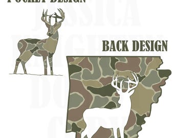 May include: A white outline of a deer with antlers is on a camouflage background. The text "BACK DESIGN" is above the deer. The text "POCKET DESIGN" is above a smaller image of a camouflage deer with antlers.