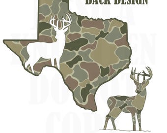 May include: A design featuring a white buck silhouette on a Texas-shaped camouflage pattern, labeled "BACK DESIGN." A smaller buck with a camouflage pattern is labeled "POCKET DESIGN."