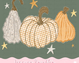 Pumpkin Trio Thankful Fall Thanksgiving PNG Digital Design Trendy File Kid Adult Design Prep Girly Gingham Preppy Checker Watercolor Pumpkin