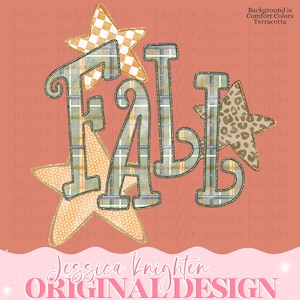 May include: A graphic design featuring the word FALL in large, blocky letters with a green and orange plaid pattern. The letters are layered over three stars: one with a white and orange checkerboard pattern, one with orange polka dots, and one with a brown leopard print.