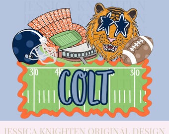 Name Block Football Season PNG Digital Design Trendy File Kid Design Children Prep Plate Front Helmet Preppy Stadium Orange Blue Tigers