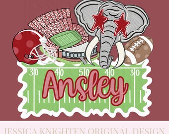 Name Block Football Season PNG Digital Design Trendy File Kid Design Children Prep Plate Front Helmet Preppy Stadium Elephant Crimson White