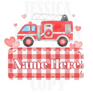 Feuerwehrauto Valentinstag Digitales Design Herz Gingham Name Schild Liebe Vday Kinder Kinder Shirt PNG Personalisierte Sub Trendy XoXo Rettung