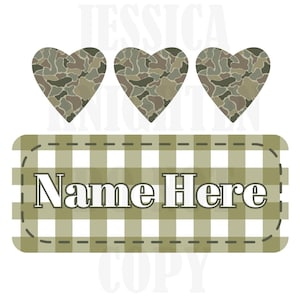 Camo Valentines Digital Design Herz Gingham Namensschild Love Vday Kinder Kinder Shirt PNG personalisierte Sub Trendy XoXo Jäger Jagd Jungen
