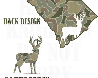 May include: Camouflage design featuring the outline of the state of South Carolina with a white deer silhouette inside.  The text "BACK DESIGN" is at the top of the image.  A smaller camouflage deer silhouette is at the bottom of the image with the text "POCKET DESIGN".
