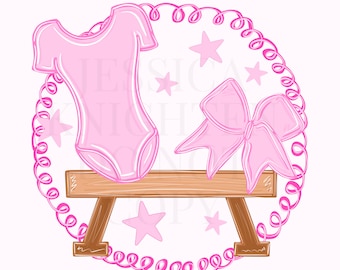 Gymnastics Hand Drawn Sublimation PNG Digital Gym Tumbling File Trendy Preppy Bow Coquette Girly Pink Swirly Bar Balance Beam Star Gymnast