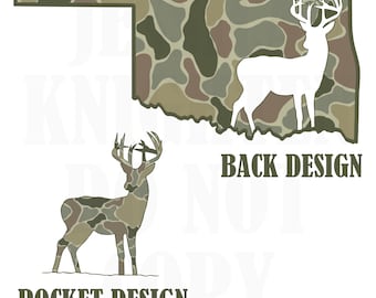 May include: A white silhouette of a deer with antlers is standing on a camouflage pattern of green, brown, and tan. The camouflage pattern is shaped like the state of Oklahoma. The text "BACK DESIGN" is below the image. A smaller image of a deer with antlers is below the text "POCKET DESIGN".