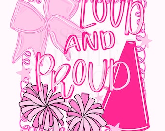 Archivo digital PNG de sublimación dibujado a mano con lazo preppy, coqueta, rosa, animadora, pompones, megáfono, remolino, fuerte y orgulloso.