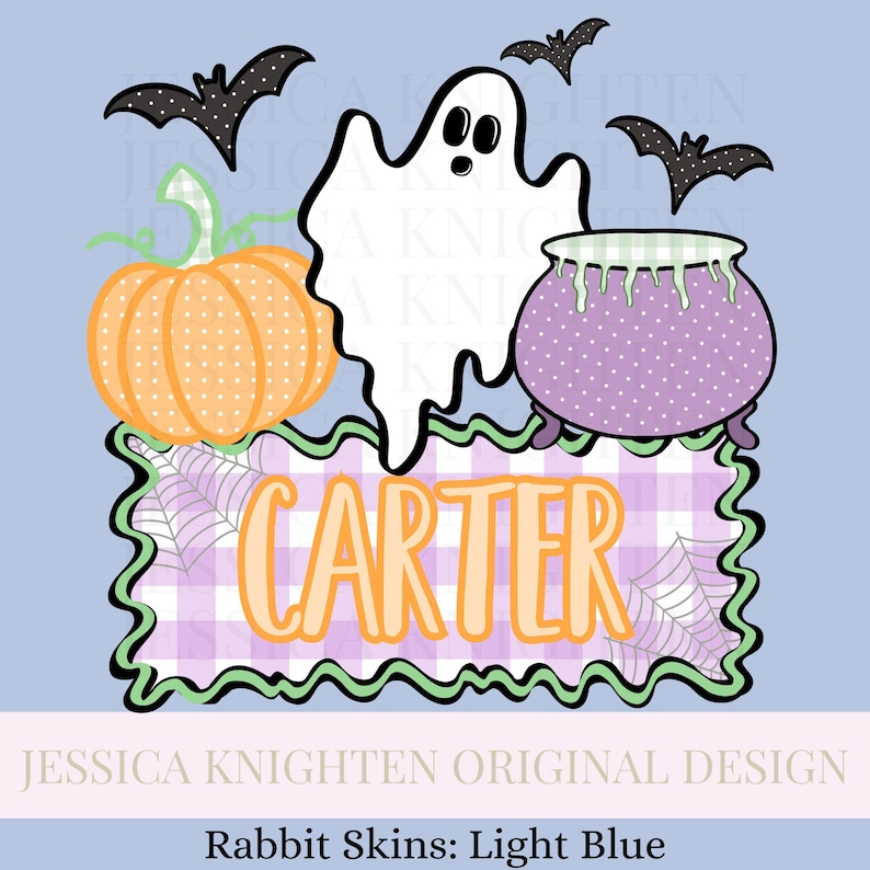 May include: A Halloween-themed graphic with a light blue background. It features a white ghost, orange pumpkin, purple cauldron, and black bats. The name "CARTER" is displayed in orange letters on a purple and white checkered banner.