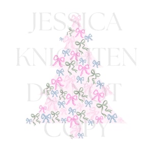 Pode incluir: Um design de árvore de Natal rosa feito de laços rosa, azuis e verdes. O texto "JESSICA KNIGHTEN DO NOT COPY" é visível no fundo.