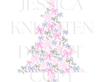 Bow Tree Preppy Christmas PNG, Hand Drawn 300 DPI Trendy Holidays Ho Ho Ho Jolly Vibes Holly Merry Bright December File Transparent Fancy