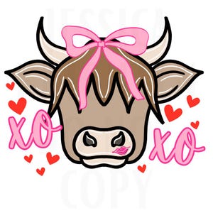 Highlander Cow San Valentino Design digitale Cuore Amore Vday Bambini Bambini Maglietta PNG Personalizzato Sub Trendy XoXo Fiocco Adulto Trasparente