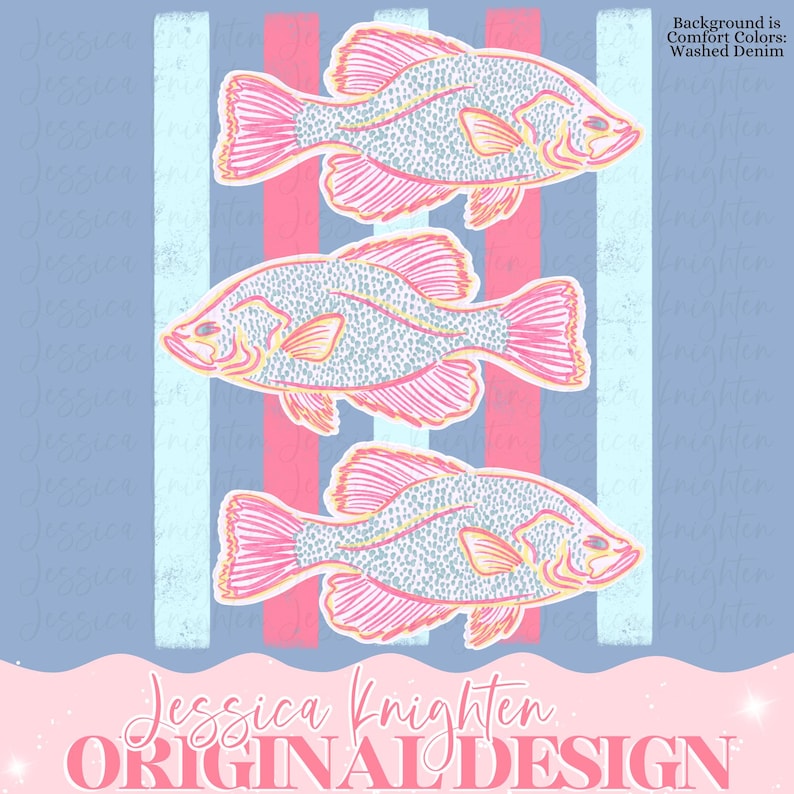 May include: Three stylized fish illustrations with pink fins and accents, set against a blue background with vertical stripes of pink and white. The design includes the text "Jessica Knighten ORIGINAL DESIGN".