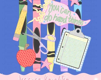 You Can Do Hard Things png Digitaal ontwerp girly strepen trendy terug naar school bestanden kinderontwerp roze Preppy school begin potlood leren