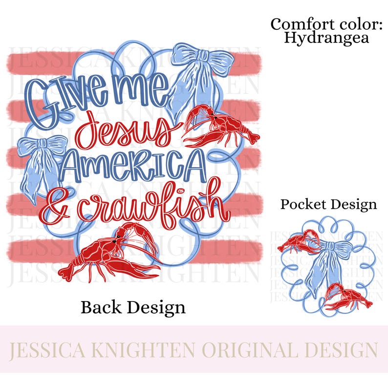 Puede incluir: Un dise&ntilde;o gr&aacute;fico con el texto "Give me Jesus America & crawfish" en azul y rojo, con cangrejos rojos y lazos azules. El dise&ntilde;o incluye un dise&ntilde;o de bolsillo y un dise&ntilde;o trasero.