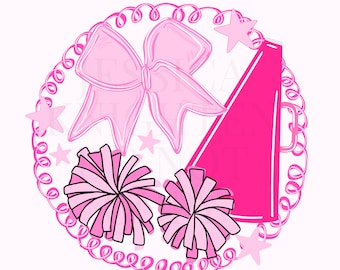 Cheer Hand Drawn Sublimation PNG Digital  File Trendy Preppy Bow Coquette Girly Pink Cheerleader Pom Poms Megaphone Swirly Loud and Proud