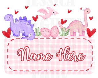 Girly Dinosaur Valentines Digital Design Heart Gingham Name Plate Love Vday Kids Children Shirt PNG Personalized  Sub Trendy XoXo Dino
