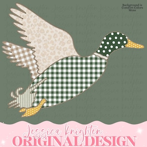May include: A graphic illustration of a flying duck featuring a dark green and white gingham body, a dark green head with white polka dots, and wings patterned with beige leopard print, brown gingham, and vertical stripes, with yellow polka dot feet.