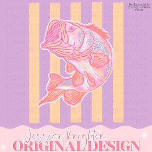 May include: A pink and orange illustration of a fish with its mouth open, set against a background of vertical peach and violet stripes. The text "Jessica Knighten ORIGINAL DESIGN" is at the bottom.