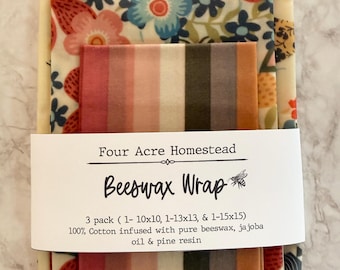 Beeswax Wraps, Starter Pack, Eco Friendly, 3 Sizes, Food Storage, Wedding Gift, Earth Friendly