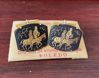 vintage Toledo Damascene cufflinks depicting Don Quixote and Sancho Panza on horseback