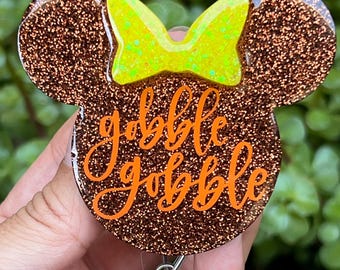 Fall Badge Reel: Glittery Mouse with Bow - Gobble Gobble