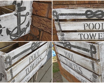 PERSONALIZED Wood Crate/GIFT BASKET/Pool Towel/Beach Towel/Lake house/Nautical Wood Crate/Cottage Hostess Gift