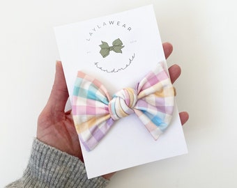 Pastel Plaid | Easter Plaid | Spring Plaid | Knotted Bow / Top knot on Nylon Headband or Alligator Clip