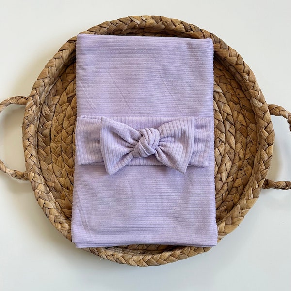 Lilac Ribbed Girl Newborn Swaddle Set | Knotted Bow Headband | Newborn Blanket | Newborn Girl Swaddle Set | Matching Mommy Headband