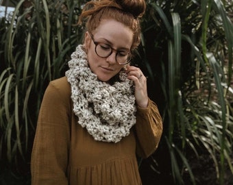 knit bobble cowl, chunky boho neck warmer circle scarf || THE AXLEWOOD