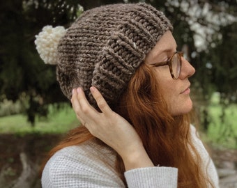 knit hat seamless chunky slouchy beanie with pom pom || THE BALSAM FIR